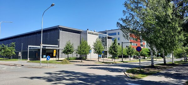 Katu, puita, taustalla pysäköintitalo.